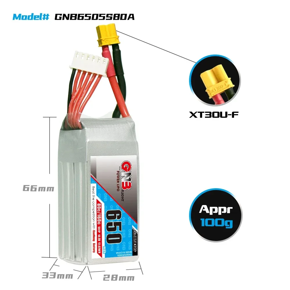 GAONENG GNB 650mAh 5S 80C 160C 18.5V XT30 LiPo Battery Square Type 3 inch Toothpick Drone Cine Whoop Cinelog Racing FPV RC Parts