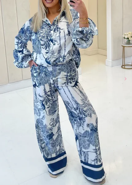 

Women Pants Set, Tree Print Long Sleeve Button-down Shirt with Elastic Waist Pants 2-piece Outfit