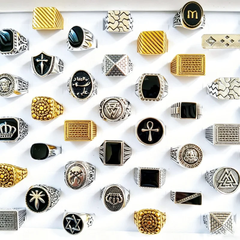 Wholesale 20 Pcs Vintage Zinc Alloy Enamel Signet Rings Mixed Symbols Patterns Durable Unisex Fashion Jewelry Bulk Lot