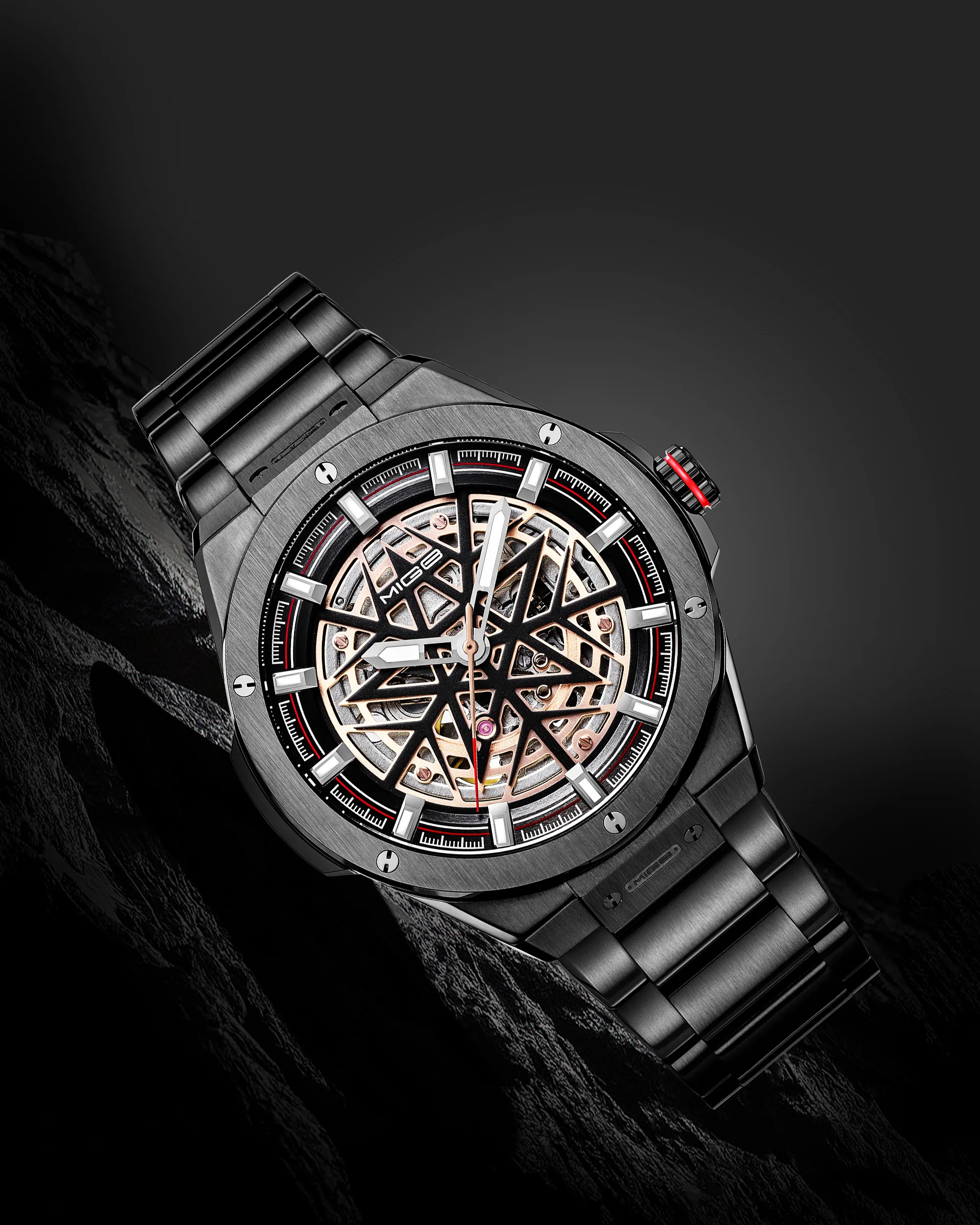 MIGE brand black steel case mechanical man watch waterproof casual business luminous automatic hot sale Hollow watches for men