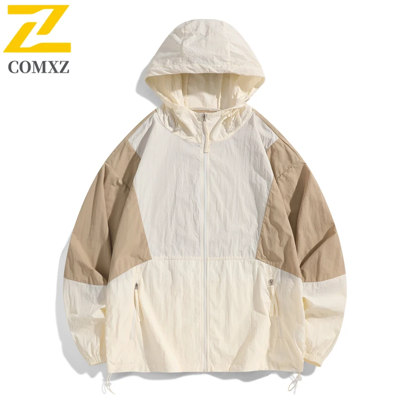 Summer Ice Silk Sunscreen Jacket Men's Harajuku UV Ultra-thin Breathable Splicing Hooded Coat Fishing Camping Skin Windbreaker