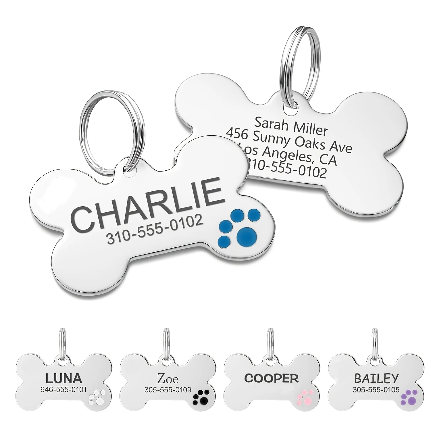 Plaque d'identification pour animaux de compagnie en forme d'os personnalisée, étiquette d'identification pour chien gravée sur mesure, pendentif anti-perte en métal pour collier, idéal pour les passionnés d'animaux.