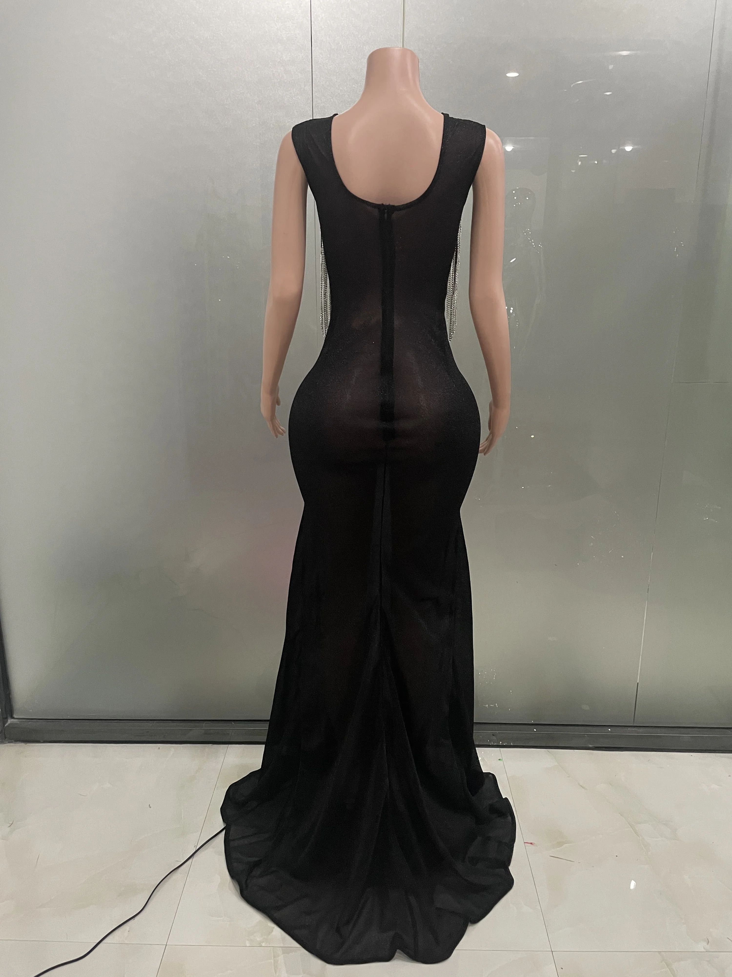 ストック レディース ノースリーブ セクシー ダイヤモンドチェーン メッシュ ロング丈 ボディコン ドレス エレガント イブニングパーティー セレブレーションドレス ベスティード