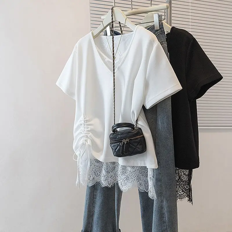 Plus-size women's spring and summer new pure color loose slimming and meat-hiding lace spliced drawstring short-sleeve T-shirt