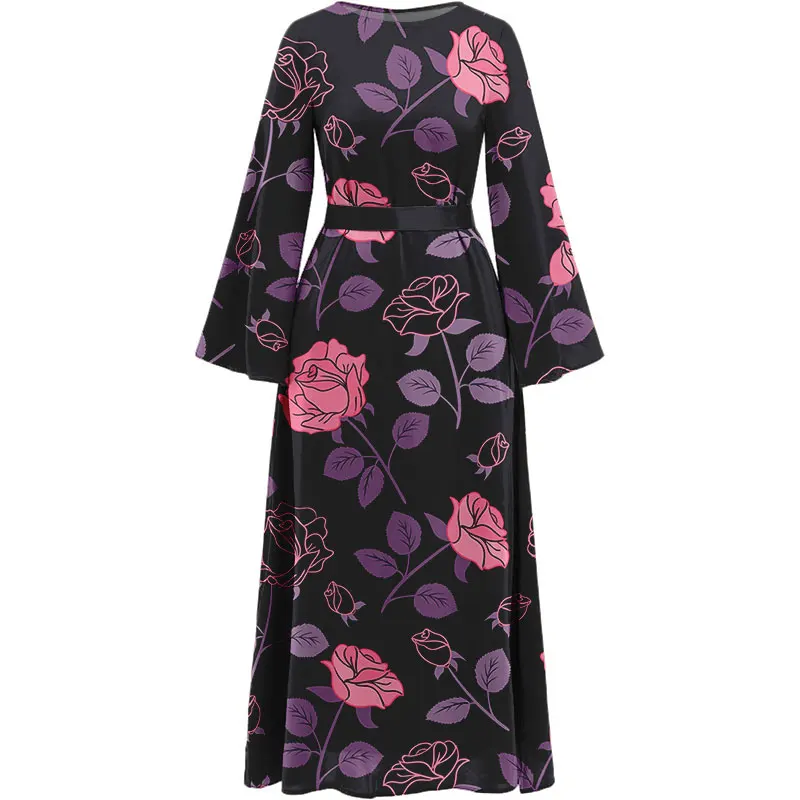 Nuova primavera estate stampa floreale abito musulmano manica lunga Ramadan turco Vintage Holiday Robe cintura con coulisse tunica Daywear