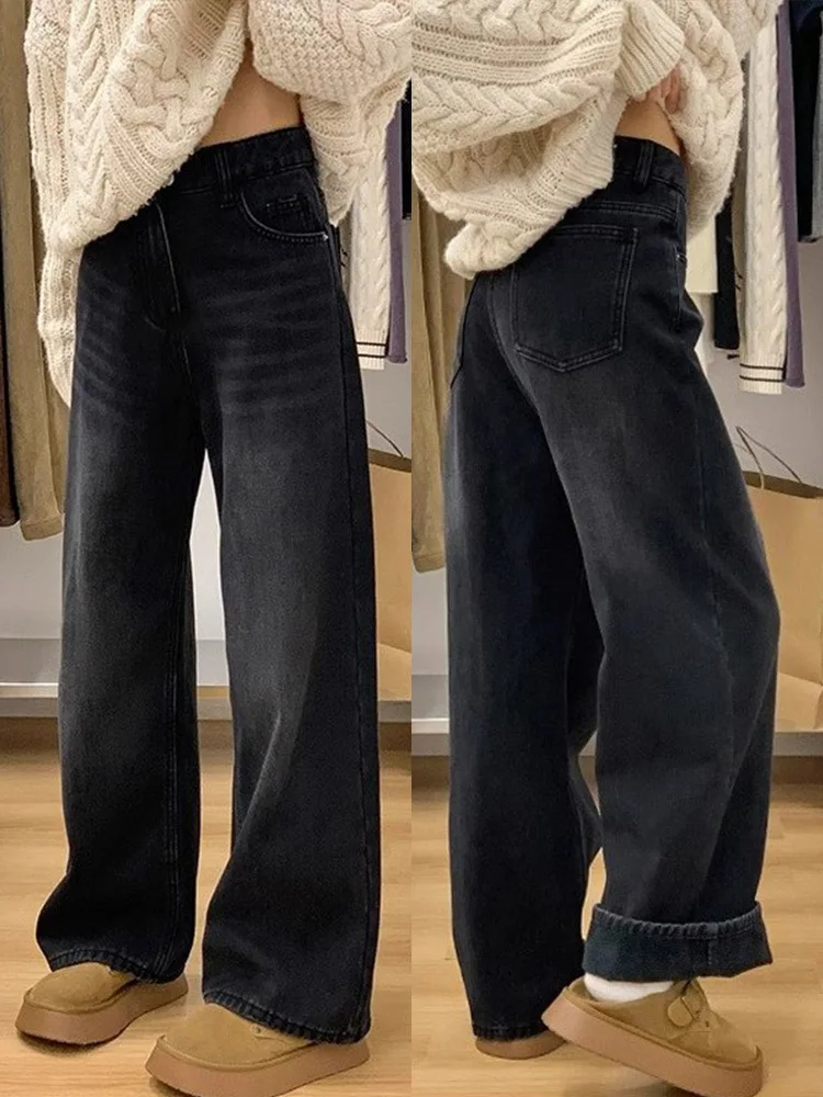 

Ay Широкие джинсы на подкладке, женские свободные прямые джинсовые брюки с высокой талией, брюки с контролем живота, большие размеры