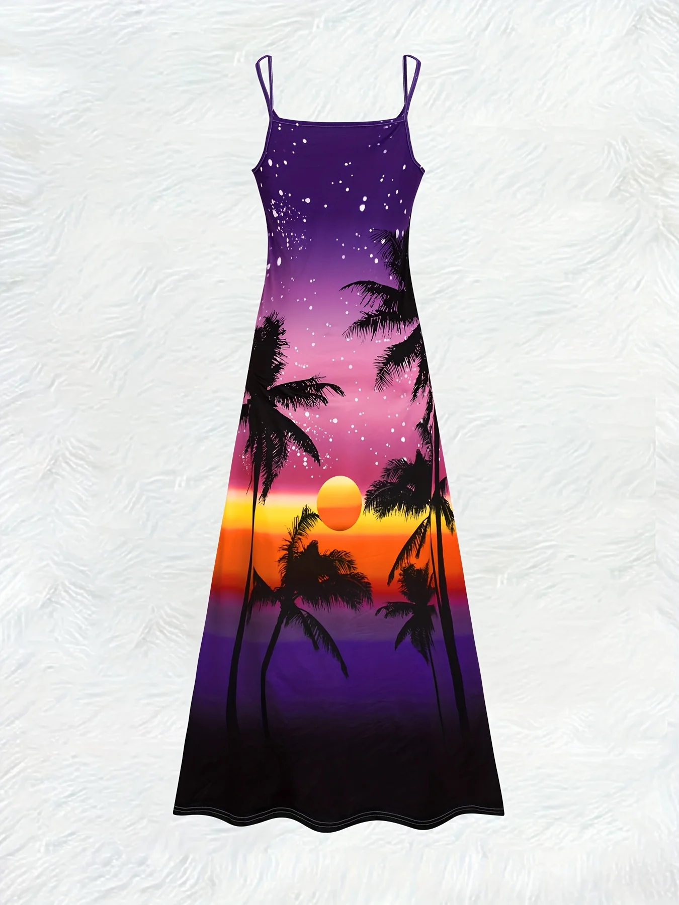 Printed Design All Seasons Collection Vacation Style Sunset Palm Tree Sky Star Dress