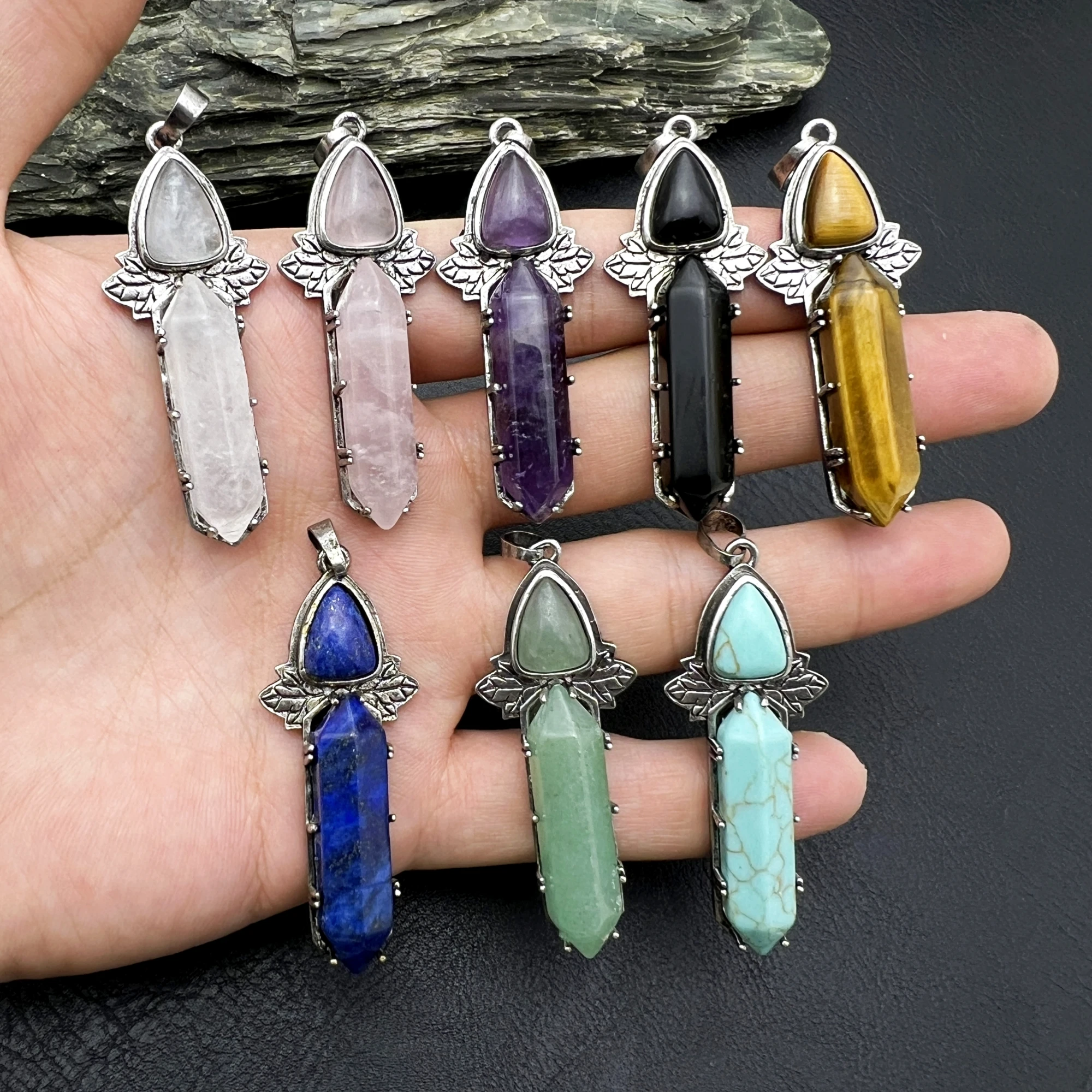 10PCS Natural Gems Stone Crystal Quartz Amethysts Lapis Hexagonal Vintage Pendant MY240556