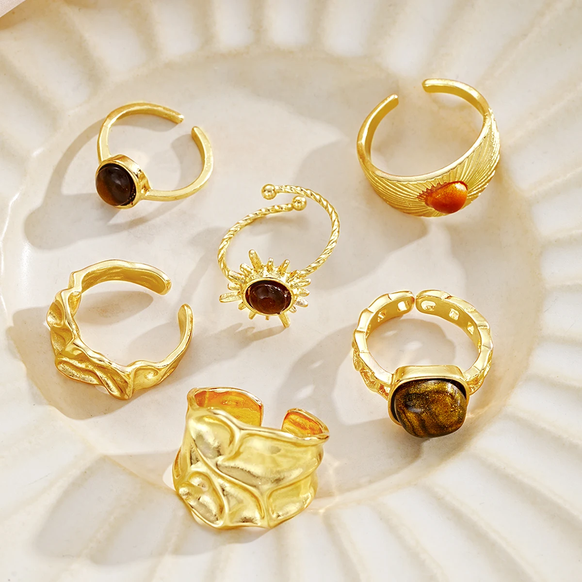 6pcs Sunflower Tiger Eye Stone Ring Set for Women Vintage Irregular Gold Color Aesthetic Open Rings Fashion Party Jewelry Gifts image 5