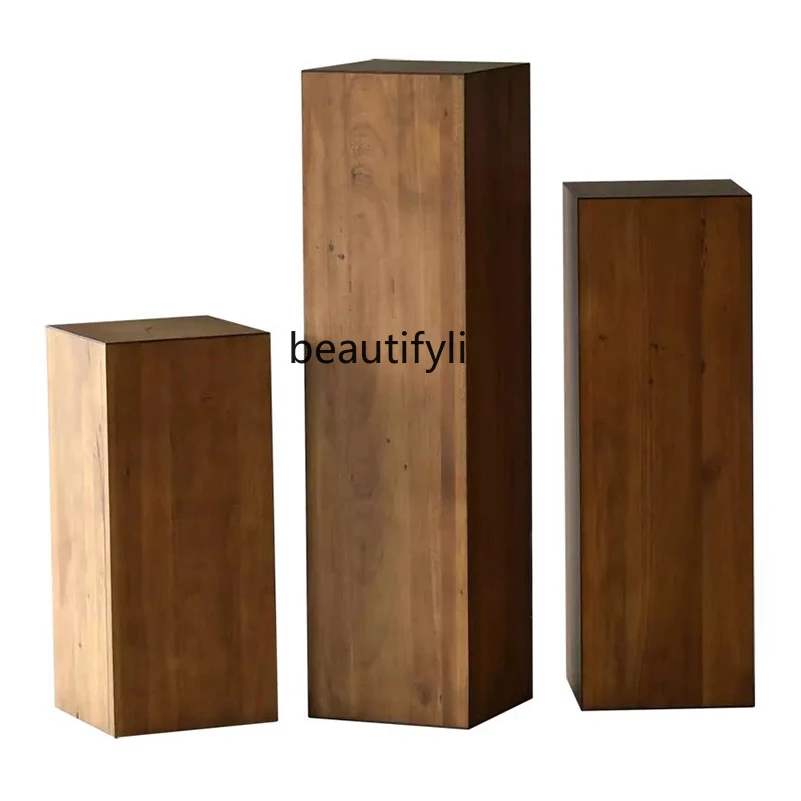 Nordic Solid Wood Floor Flower Stand Rectangular Wood Flower Stand American Retro High and Low Display Rack Combination