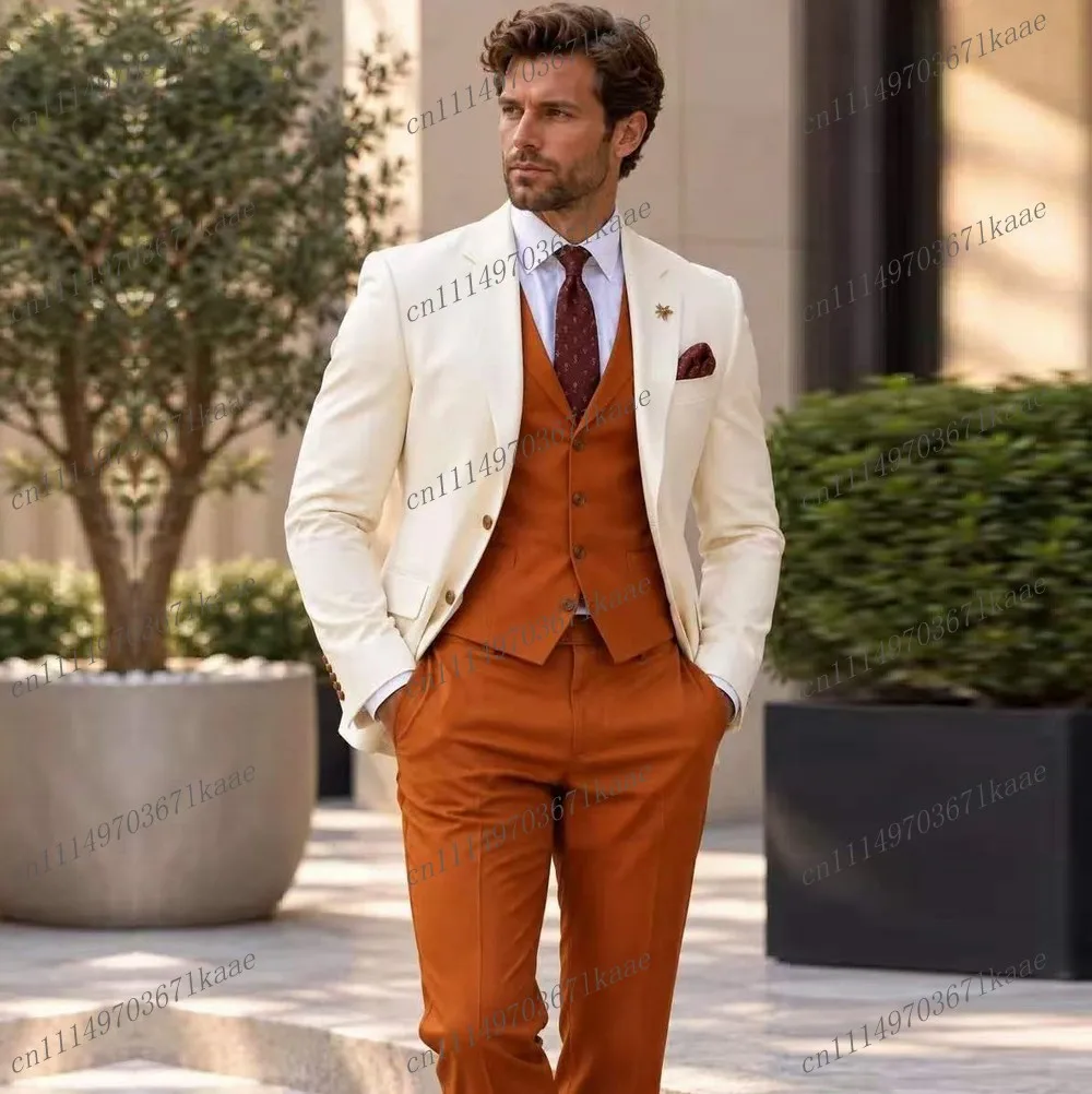 Ivory And Dark Orange Formal Men Suit Wedding Party Groom Groomsman Male Tuxedos Costume 3 Piece Set Jacket Vest Pants B1