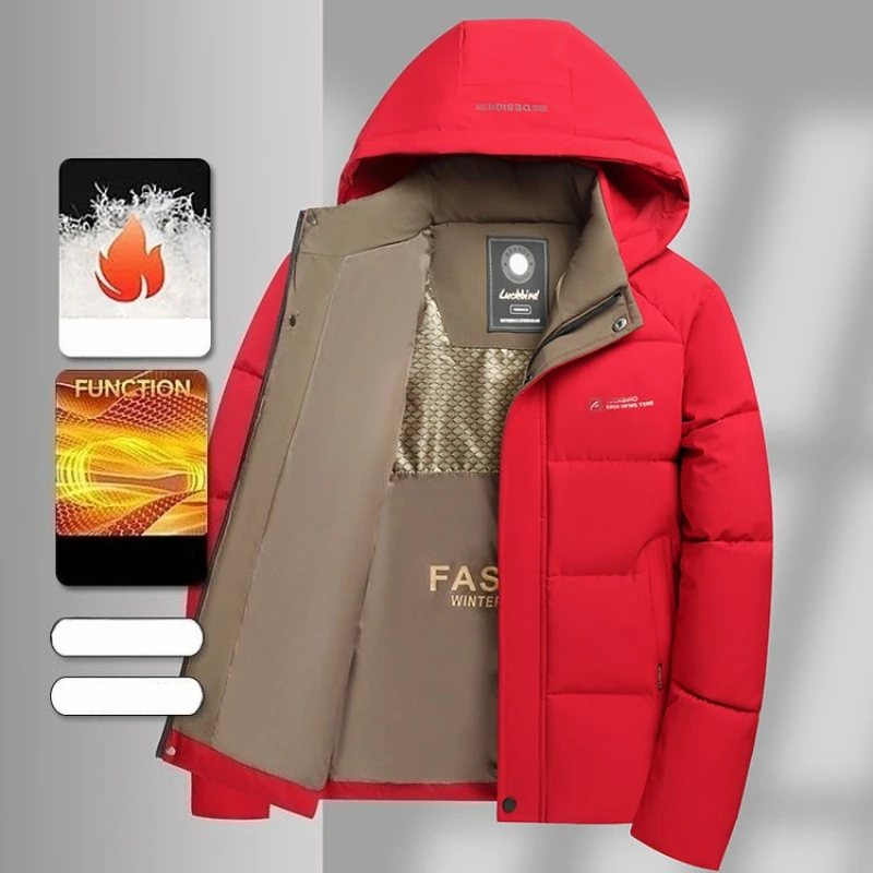 

​ ​ Мужская деловая повседневная куртка-пуховик, зимнее пальто на утолщенной флисовой подкладке, ветрозащитная технология быстрого тепла ​ ​