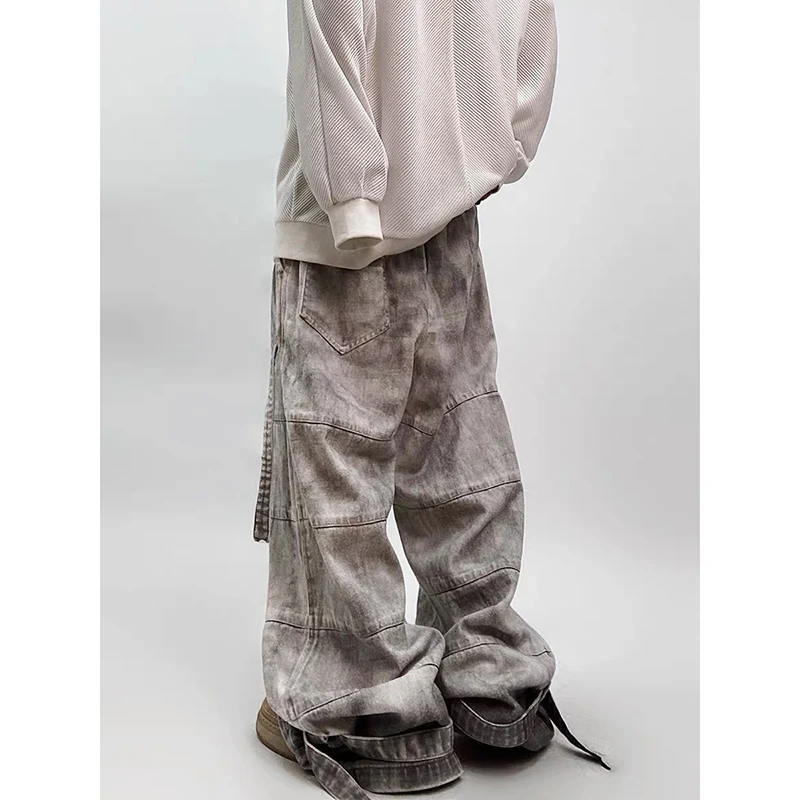 جينز رمادي ممزق عالي الخصر للرجال نمط الهيب هوب ملابس الشارع الشهير Y2K واسعة الساق جان 2000s بنطلون فضفاض من قماش الدنيم #2