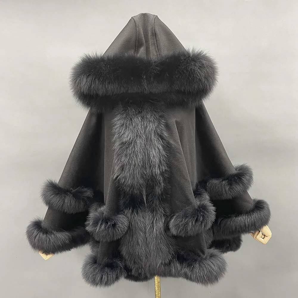 MISSJANEFUR Women Wool Cape with Fox Fur Collar Trim 2022 Luxury Warm Cashmere Cape Elegant Winter Cloak