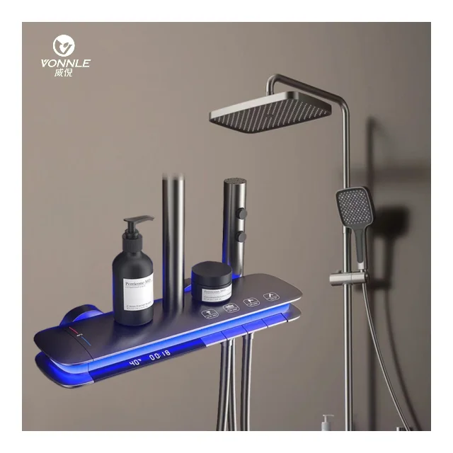 High Beauty Wall Mounted LED Bathroom Shower Faucet Set New Piano Key Design Stainless Steel Brass Material Jet Massage Spray