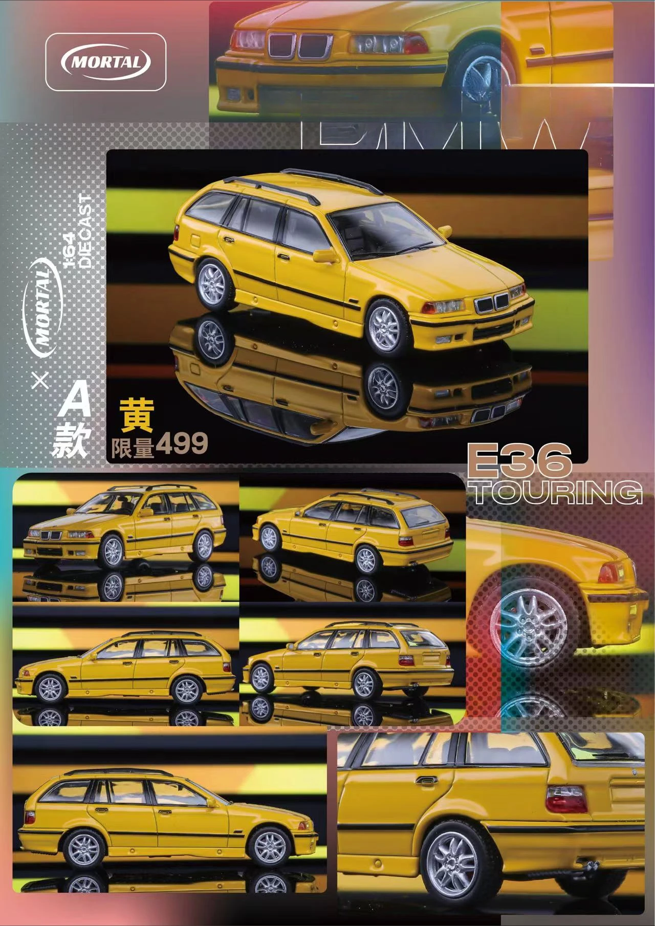 **Pre-order **Mortal 1:64 3 Series E36 Wagon Touring version Black/Yellow Lowride Limited Model Car