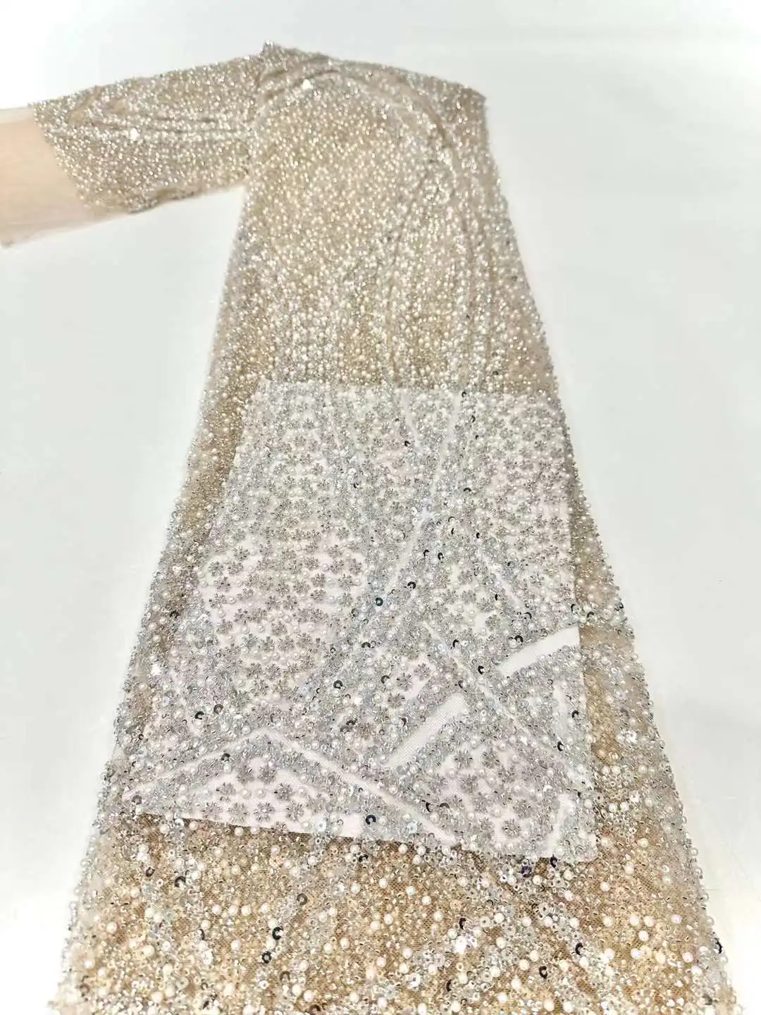 

Fashion Design Beaded African Net Lace Fabric, High Quality Elegant Sequins Nigerian Wedding Material 5Yards/ Lot