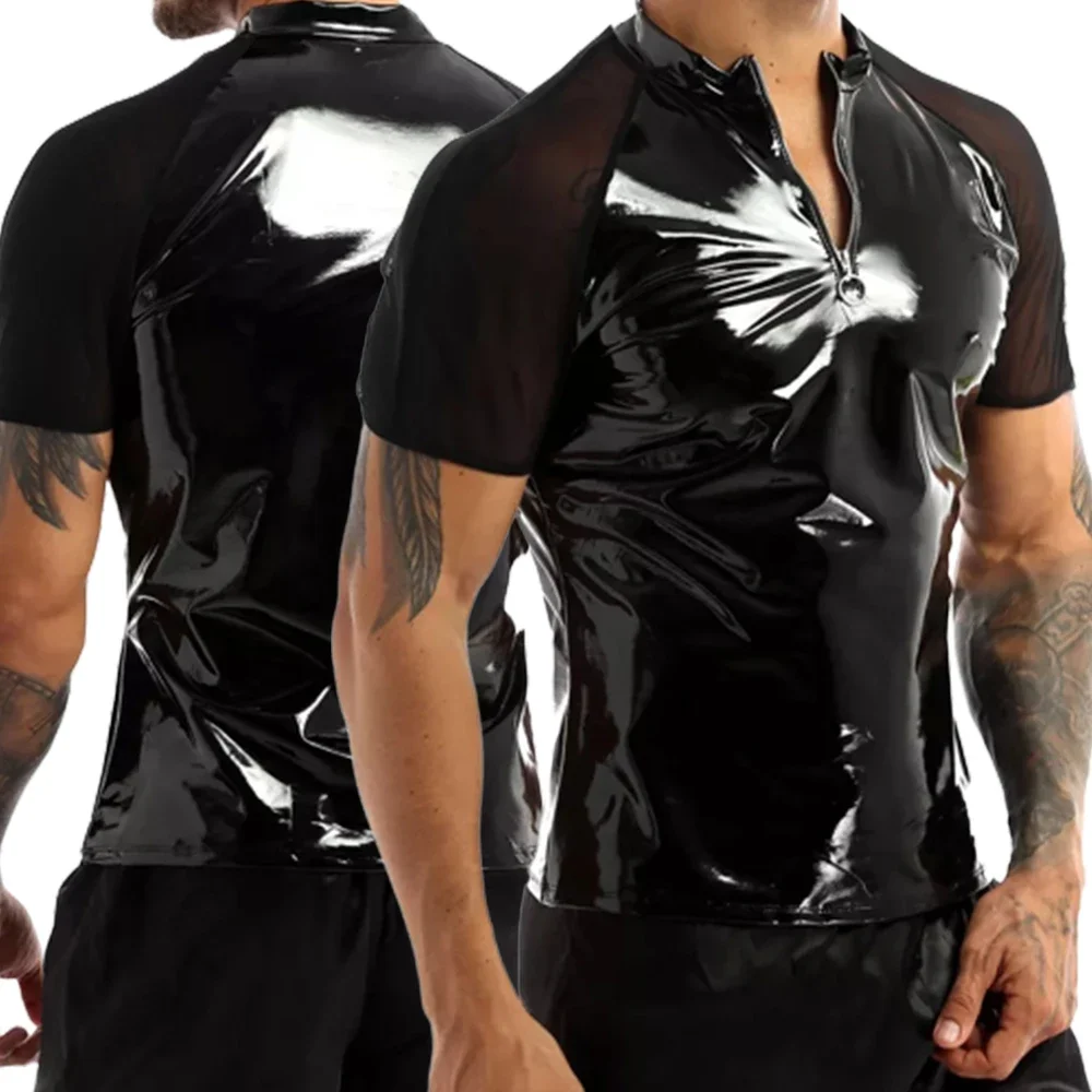 Men Shiny Wetlook Patent Leather T Shirts Short Sleeve Sexy Zipper Transparent T-shirt Sheer Mesh Zipper Clubwear Men's Clothes