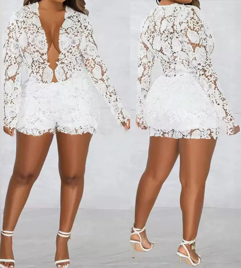 Elegant Temperament Two Piece Set Women Outfit 2024 Summer Sexy Night Out Long Sleeve Guipure Lace Top & Fashion Shorts Set