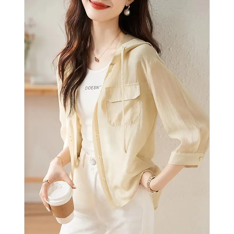 

Женская летняя бежевая рубашка с капюшоном на пуговицах, с рукавами 3/4, с карманами, повседневная легкая блузка