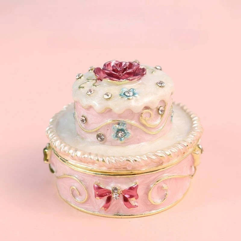 

Birthday Cake With Bow Jeweled Trinket Box Metal Ring Holder Figurine Home Decoration Present Gifts
