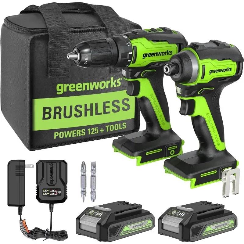 

Greenworks 24V MAX Cordless Brushless Drill + Impact Combo Kit, (2) 2.0Ah Batteries, (1) Charger, and Bag Included