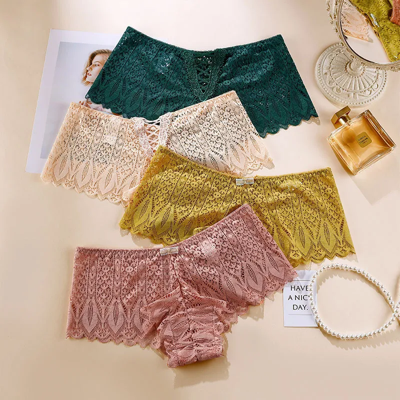 

Sexy Lace Hollow Cross Straps Women's Panty Mid-waist Plus Size Women's Boxer Briefs Cotton Crotch Underwear
