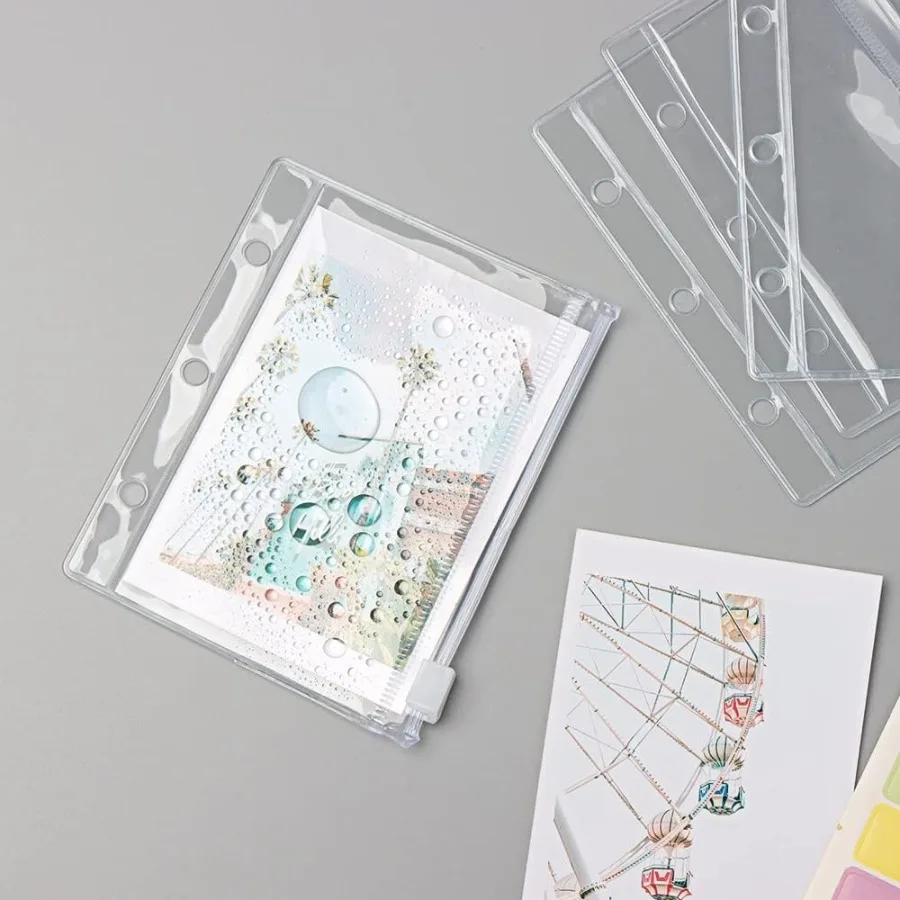 12 pacotes de bolsos fichários transparentes, mini tamanho, zíper, bolsa à prova d'água, folhas soltas, 3 furos, bolsos fichários com zíper para Jourl B