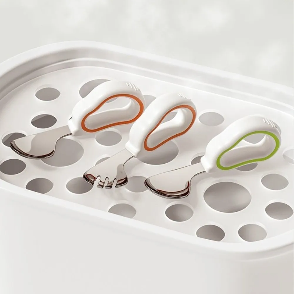 Silicone Baby Fork and Spoon Set Self Feeding with Storage Box Baby Cutlery 316 Stainless Steel Short Handle Child Tableware