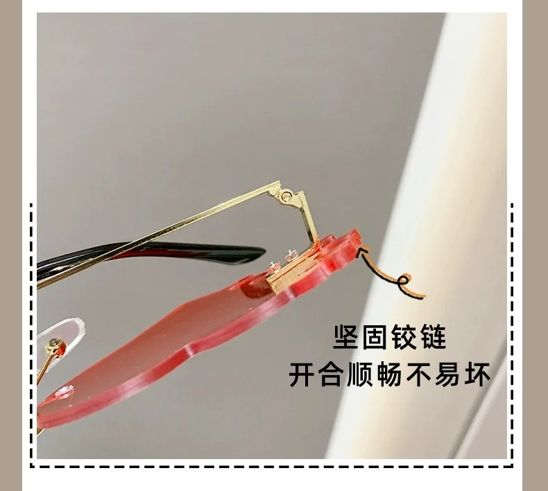 Neue Randlose Herz-Sonnenbrille mit Metallrahmen für Damen und Herren, Flammen-Sonnenbrillen für Frauen und Männer, Party- und Reisebrillen – Detail 7