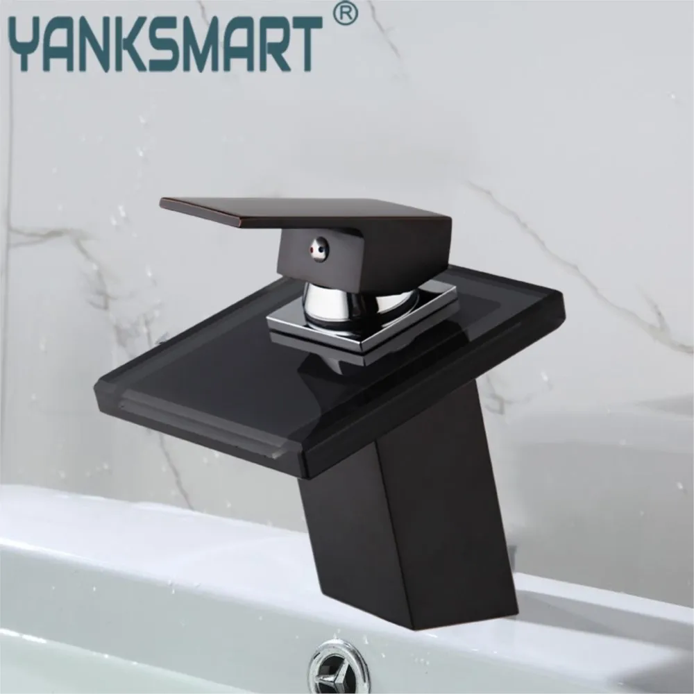 

YANKSMART Bathroom Faucet Black Glass Waterfall Spout Faucets Deck Mounted Basin Sink Mixer Water Tap Hot and Cold Torneira