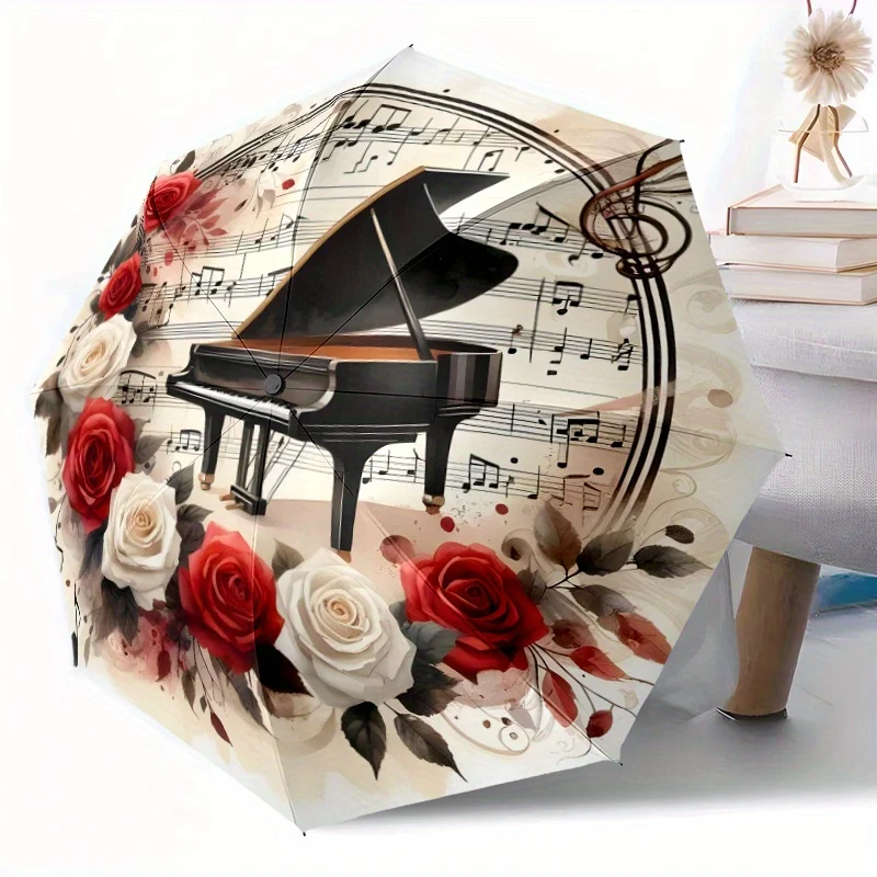 

1 шт. фортепиано розы музыкальные ноты автоматический складной зонт, 8-прядная портативная складная конструкция, прочная ткань, подходит для всех морей