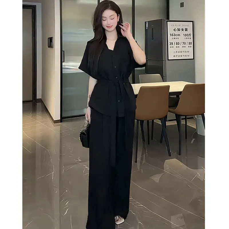 

Casual Set Women's 2026 Summer New Collection Waist Strap Short Sleeve Shirt Wide Leg Pants Two Piece Set