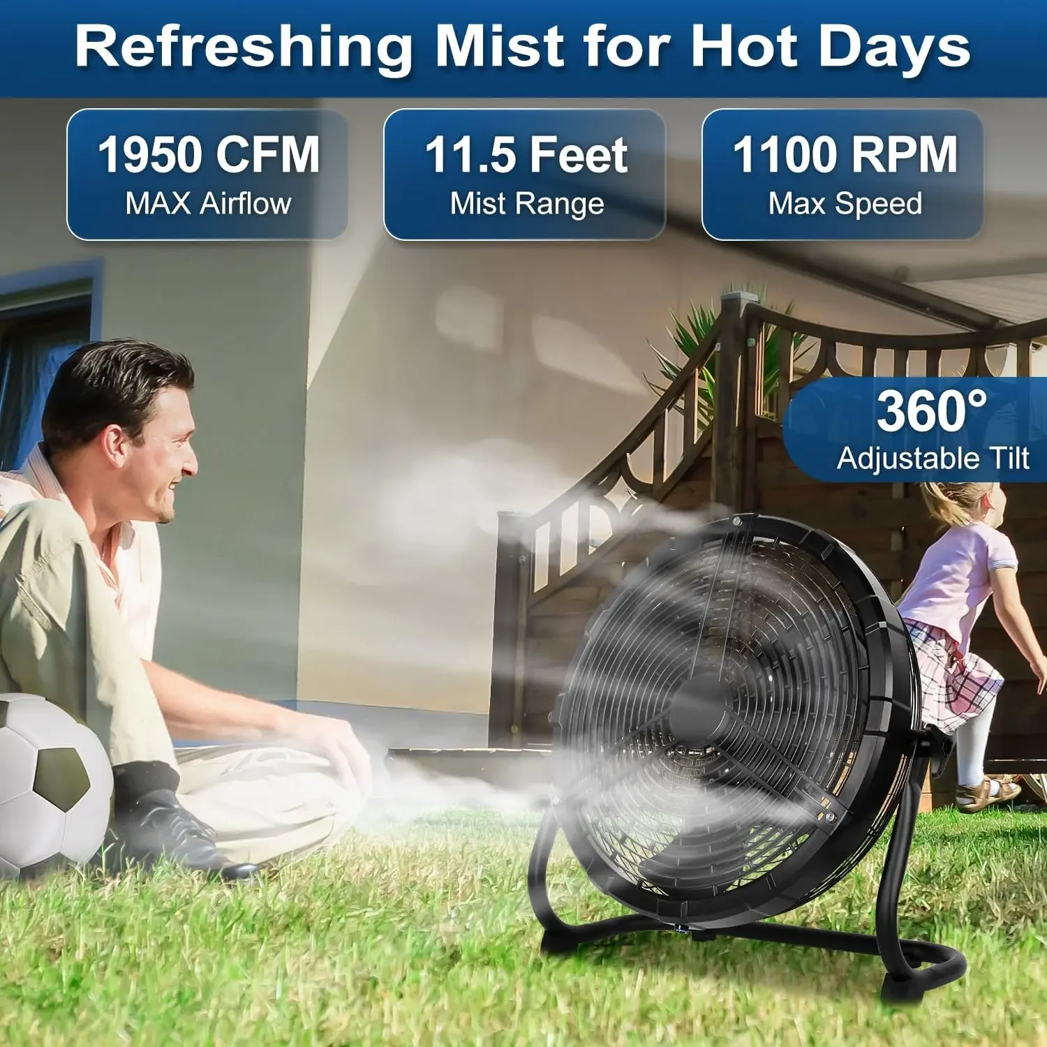 พัดลมไอน้ําแบบพกพากลางแจ้งขนาด 16 นิ้ว พัดลมไอน้ําที่ใช้แบตเตอรี่พร้อมแบตเตอรี่ที่ถอดออกได้ 15600mAh และฟังก์ชั่นหมอก ภายนอก