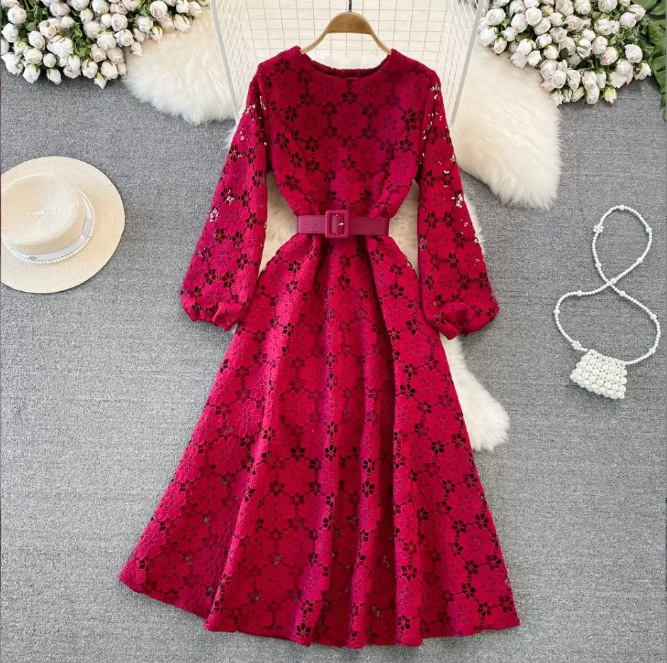 

Spring Autumn Women Hook Flower Hollow Party Long Dress Vintage Round Neck Puff Sleeve High Waist A-Line Maxi Vestidos New 2023