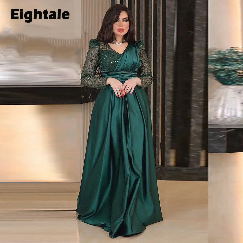 Eightale Luxury Evening Dresses Sparkly Dark Green V-Neck Long Sleeves Satin A-Line Arabic Prom Party Gowns Vestidos De Noche