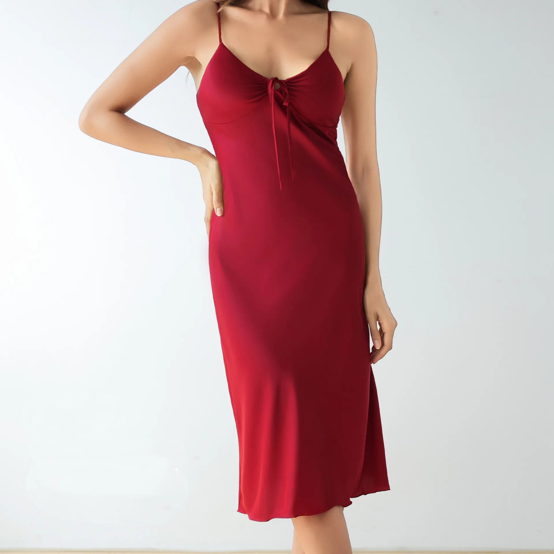 

Women Long Nightgown Solod Color Satin Sleepwear Home Dress Sexy Suspender Nightdress Ice Silk Nightwear