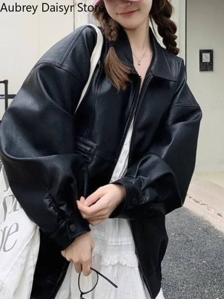 Preto vintage longo jaqueta de couro feminino punk motobiker zíper jaqueta de couro verão alta rua solta causal jaqueta de couro 2025