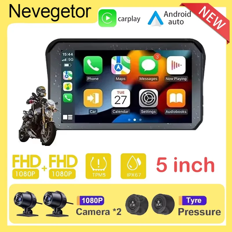 BT Music 5 inch  Nevegetor Motorcycle Carplay WaterProof WiFi Wireless Android-Auto DVR Monitor Dash Camera GPS Navigation TPMS