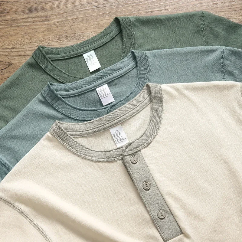 Three Needle American Retro Heavy T-shirt Men's Amikaji Pure Cotton Tube Weaving T-shirt Henry Collar Unisex Short Sleeved Shirt