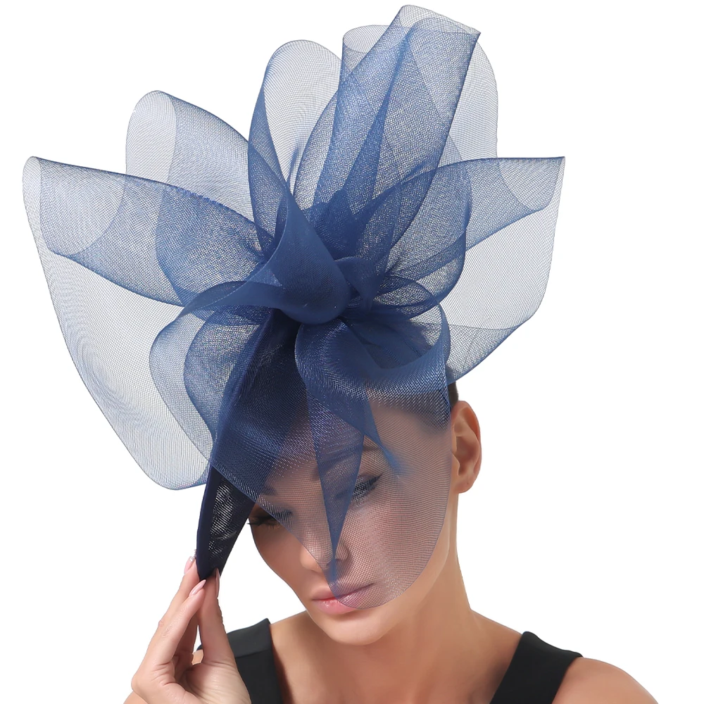 

New Organza Navy Blue Church Derby Hat Fascinator Royal White Wedding Fedoras Women's Hats with Headband Cocktail Cap Hairpin