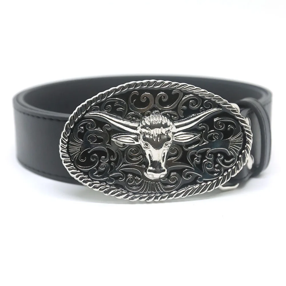 

2024 New Fashion Women's Vintage Unisex Western cowboy wind cowhead buckle embossed PU belt Jeans Y2k Belt Accessories