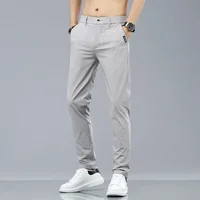 Summer Ice Silk Stretch Casual Pants Men Thin Soft Fashion Business Elastic Korean Slim Male Clothes Trousers Gray Black Green 5