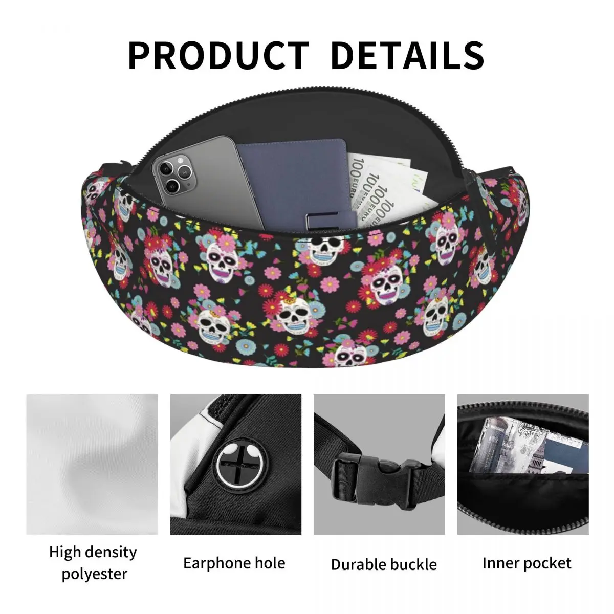 Sugar Skull Pattern Fanny Bag Custom Cute Mexican Floral Crossbody Waist Pack Men Women Traveling Phone Money Pouch