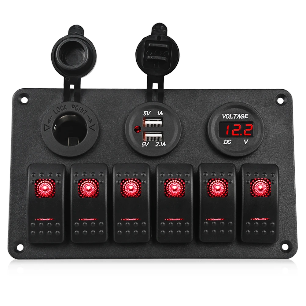 

For Marine Boat Car Rv Vehicles Truc 6 Gang Switch Panel 3.1A Dual USB Slot Socket Digital Voltage Display Waterproof 24V/12V