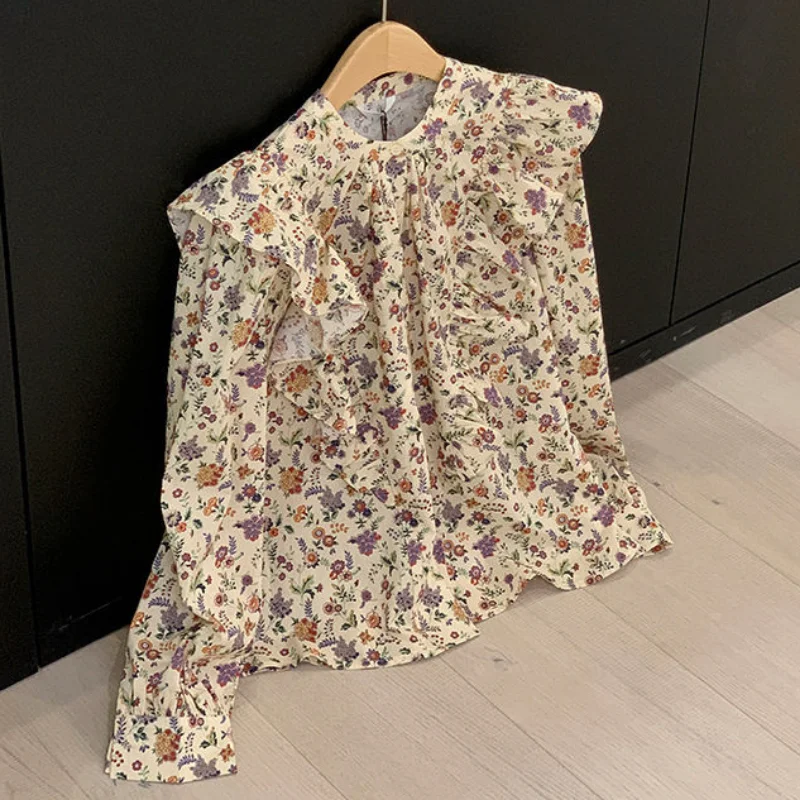 Floral Shirts Women Ruffles French Style Loose Casual Spring Simple Vintage Office Lady O-neck Fashion Chic Elegant All-match