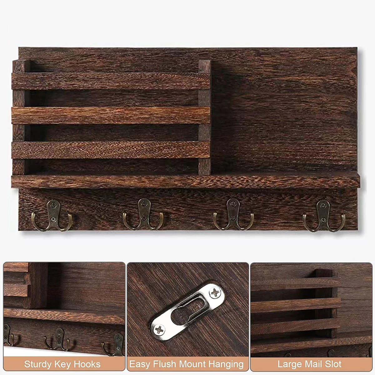 Wooden Key Holder For Wall with 4 Double Hooks Mail Organizer with Shelf Wall Hanging Storage Holder Home Decor For Entryway