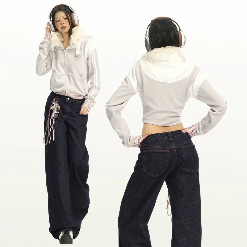 

Versatile Red Line Design Slim Wide-Leg Jeans For Women Low Waist Loose Straight