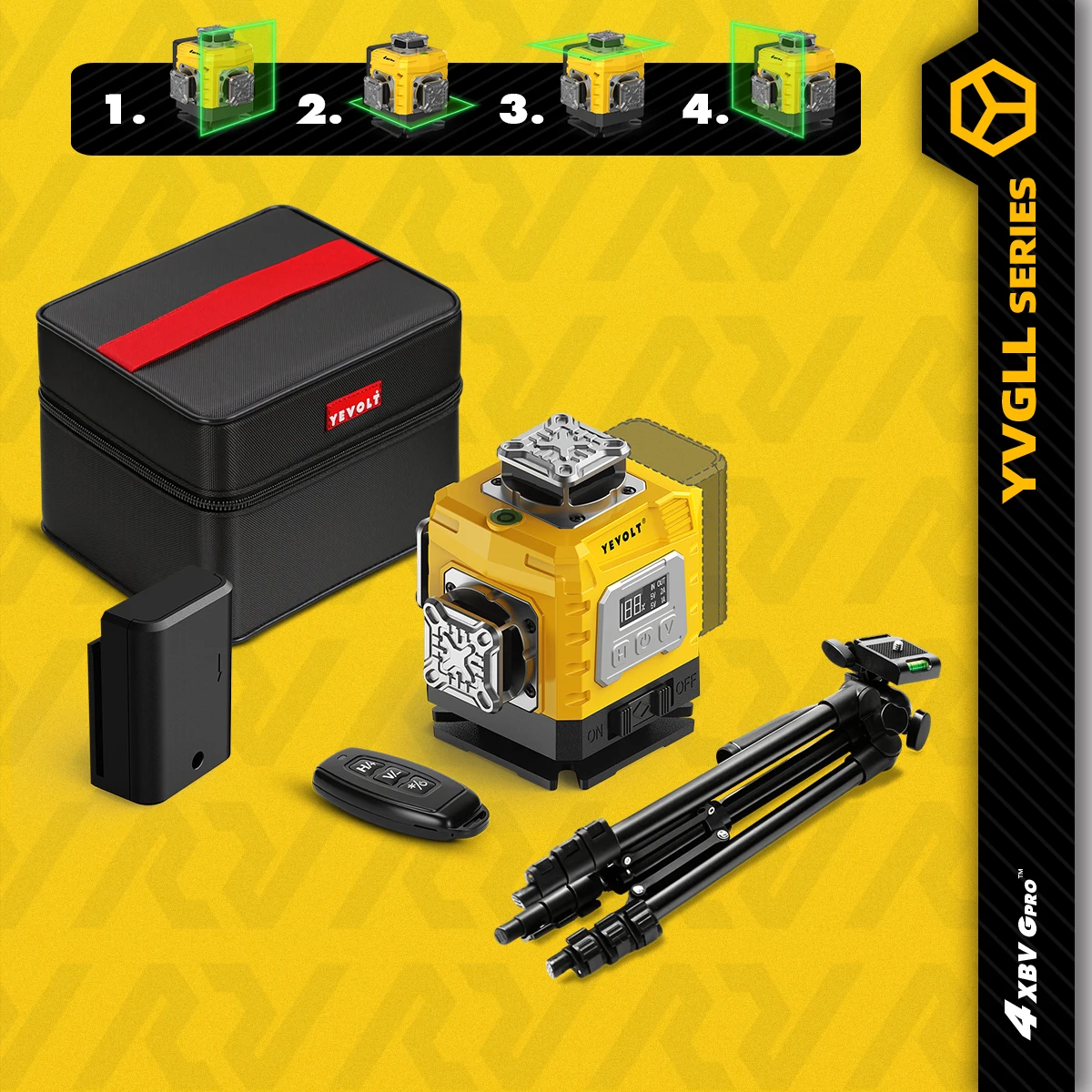 

YEVOLT YVGLL4XS16G 4D 360 ° 16-линейный вращающийся лазерный уровень GyroLock, самовыравнивающаяся сетка для напольной плитки, проекция, высокая точность покрытия