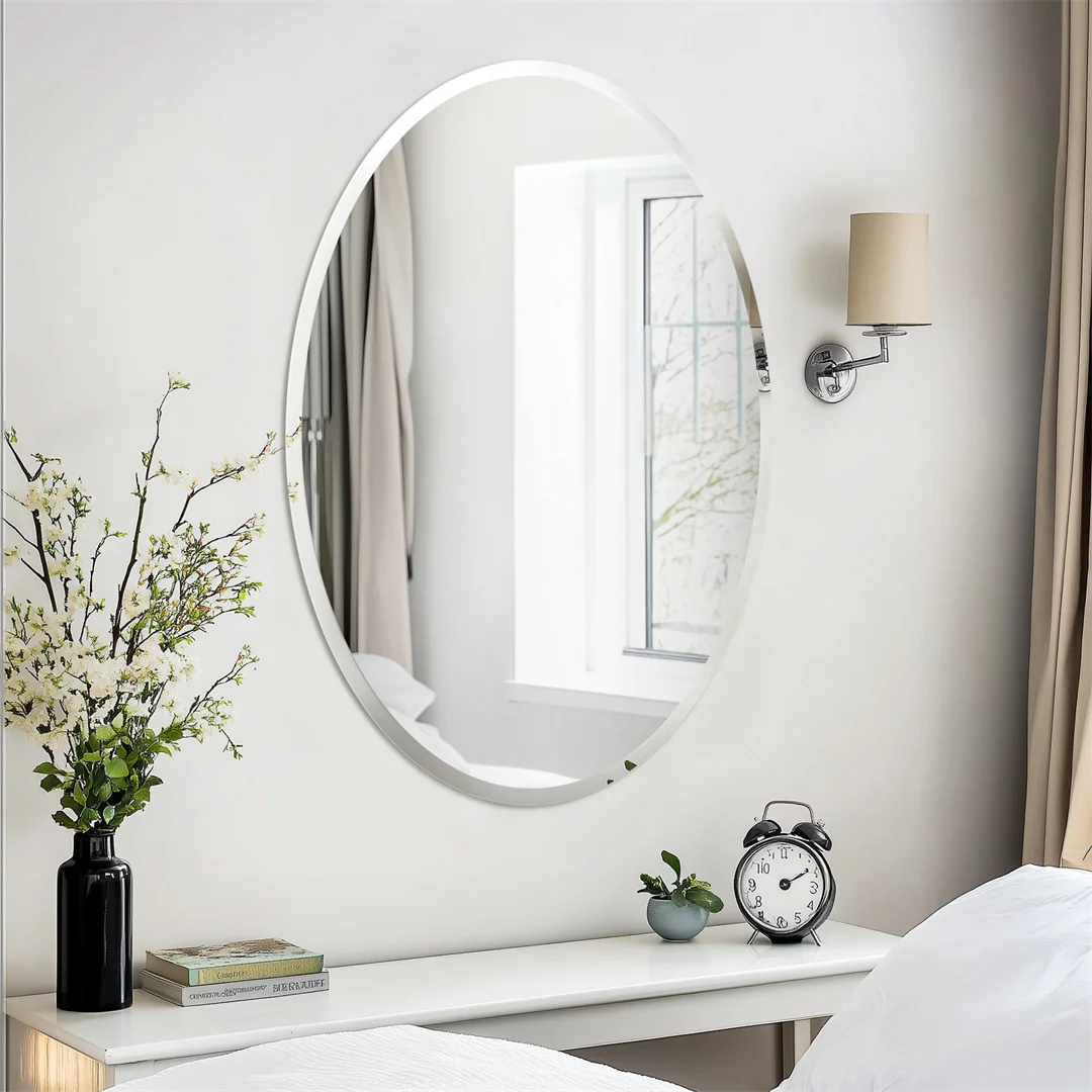 LUVODI Oval Vanity Mirror Frameless Silver Art Wall Decor Mirror with Beveled Edge for Home Decor